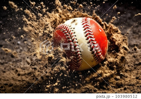 Dust in motion with baseball ball in action. Generative AI 103980512