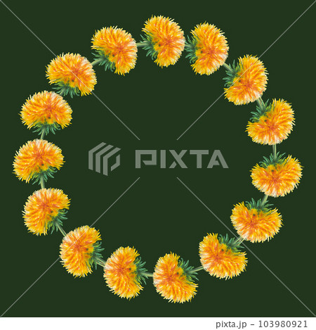 Watercolor wreath of dandelion flowers. Hand painting clipart botanical meadow illustration on a white isolated background. For designers, decoration, postcards, wrapping paper, scrapbooking, covers, Watercolor wreath of dandelion flowers. Hand painting clipart botanical meadow illustration on a white isolated background. For designers, decoration, postcards, wrapping paper, scrapbooking, covers, 103980921