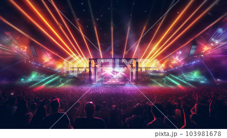 silhouettes of concert crowd in front of bright stage lights. Music concert festival crowd atteding concert. colorful stage lights 103981678