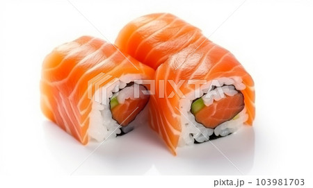 Fresh japanese salmon sushi on white background isolated copy space 103981703