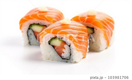 Fresh japanese salmon sushi on white background isolated copy space Fresh japanese salmon sushi on white background isolated copy space 103981706