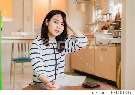 電気料金の高騰で頭を抱える若い女性 103981845