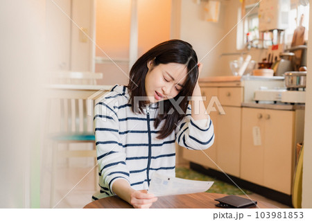 電気料金の高騰で頭を抱える若い女性 電気料金の高騰で頭を抱える若い女性 103981853