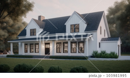Classic American suburban modern farmhouse. Two story, white siding walls, dark shingle roof, spacious porch, neatly trimmed lawn, bright morning light. Classic American suburban modern farmhouse. Two story, white siding walls, dark shingle roof, spacious porch, neatly trimmed lawn, bright morning light. 103981995