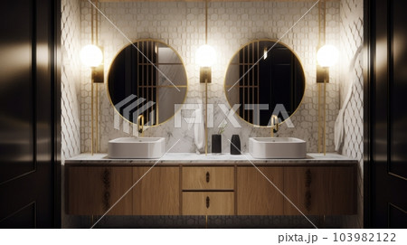 Spacious modern classic master bathroom with two sinks. Black and white walls, large precious wooden cabinet with drawers, large round mirrors with golden frames, marble countertop, golden faucets. Spacious modern classic master bathroom with two sinks. Black and white walls, large precious wooden cabinet with drawers, large round mirrors with golden frames, marble countertop, golden faucets. 103982122