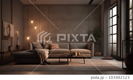 Interior of a modern cozy minimalistic living room. Stylish corner sofa with pillows and plaid, coffee table, carpet, plants in floor vases, hanging lamps, poster, decorations in modern home decor. 103982123