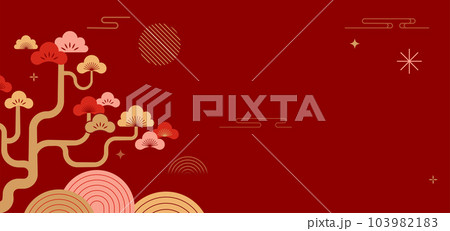 Chinese New Year background. Red and gold Chinese landscape with pine trees and mountains 103982183