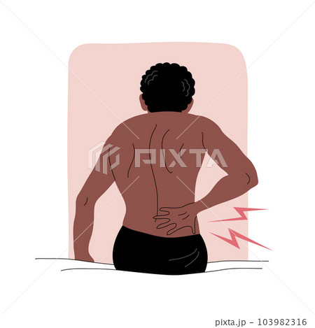 A man with back pain sits on a bed A man with back pain sits on a bed 103982316
