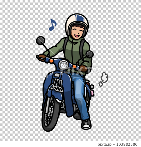 小型バイクにまたがってにっこり笑う男性のイラスト(通勤通学) 小型バイクにまたがってにっこり笑う男性のイラスト(通勤通学) 103982380