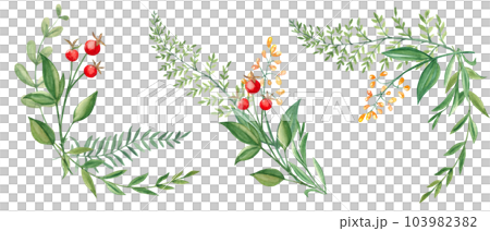 Set of watercolor summer bouquets, corners of green branches, wildflowers and red berries. Botanical hand drawn illustration. Can be used for greeting cards, invitations, floral designs. Set of watercolor summer bouquets, corners of green branches, wildflowers and red berries. Botanical hand drawn illustration. Can be used for greeting cards, invitations, floral designs. 103982382