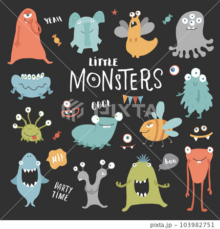Cute monsters set. Cartoon monsters collection. Vector illustration 103982751