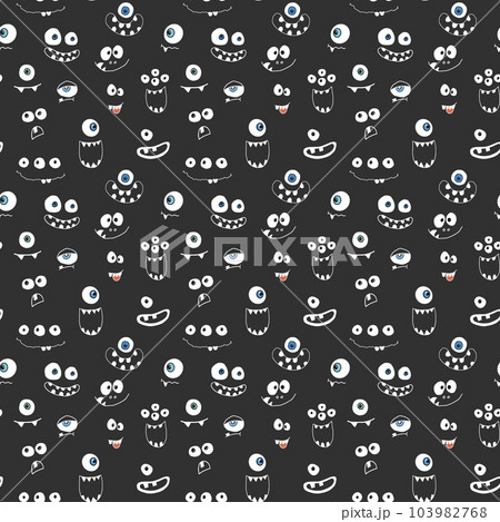 Cute monster faces seamless pattern. Cartoon monsters background. Vector illustration 103982768