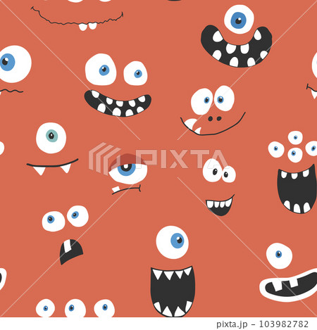 Cute monster faces seamless pattern. Cartoon monsters background. Vector illustration 103982782