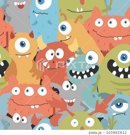 Cute monsters seamless pattern. Cartoon monsters background. Vector illustration 103982812