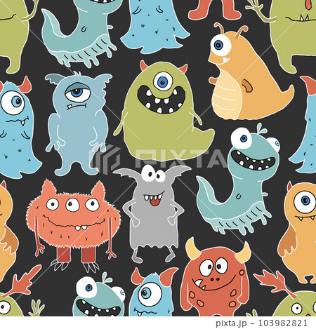 Cute monsters seamless pattern. Cartoon monsters background. Vector illustration Cute monsters seamless pattern. Cartoon monsters background. Vector illustration 103982821