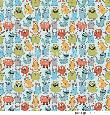 Cute monsters seamless pattern. Cartoon monsters background. Vector illustration Cute monsters seamless pattern. Cartoon monsters background. Vector illustration 103982822
