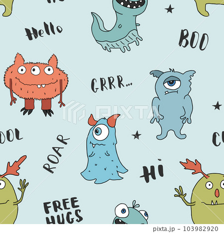 Cute monsters seamless pattern. Cartoon monsters background. Vector illustration 103982920