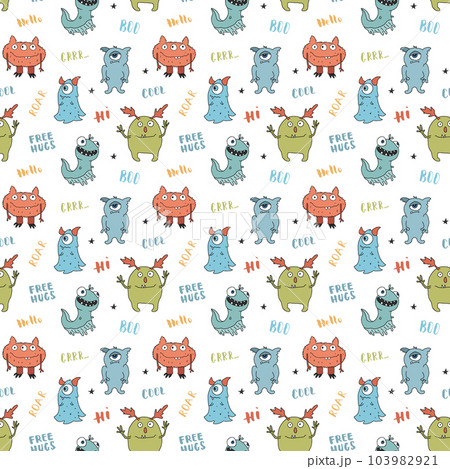 Cute monsters seamless pattern. Cartoon monsters background. Vector illustration 103982921