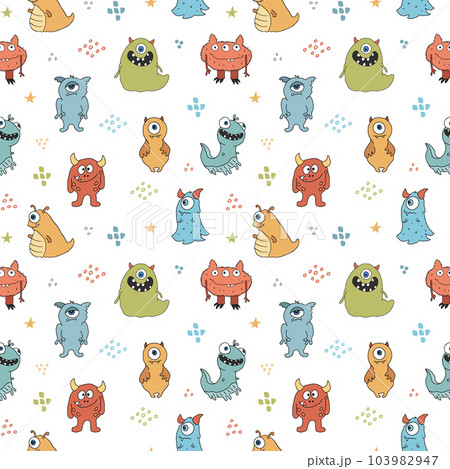 Cute monsters seamless pattern. Cartoon monsters background. Vector illustration 103982947