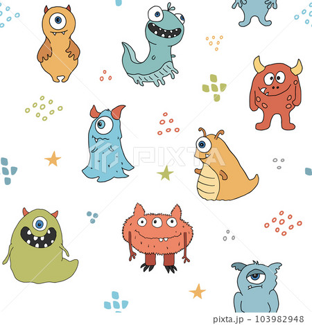Cute monsters seamless pattern. Cartoon monsters background. Vector illustration 103982948