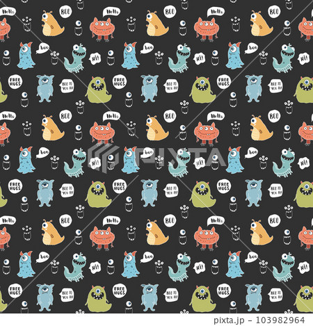 Cute monsters seamless pattern. Cartoon monsters background. Vector illustration 103982964