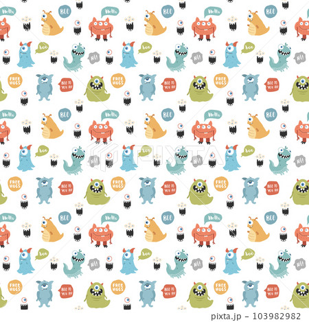 Cute monsters seamless pattern. Cartoon monsters background. Vector illustration 103982982