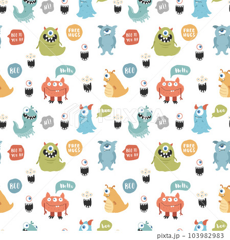 Cute monsters seamless pattern. Cartoon monsters background. Vector illustration 103982983