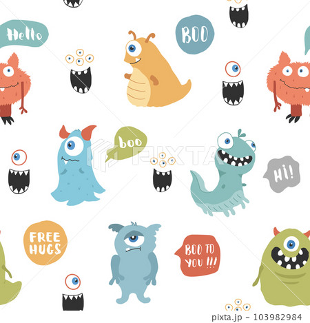 Cute monsters seamless pattern. Cartoon monsters background. Vector illustration Cute monsters seamless pattern. Cartoon monsters background. Vector illustration 103982984