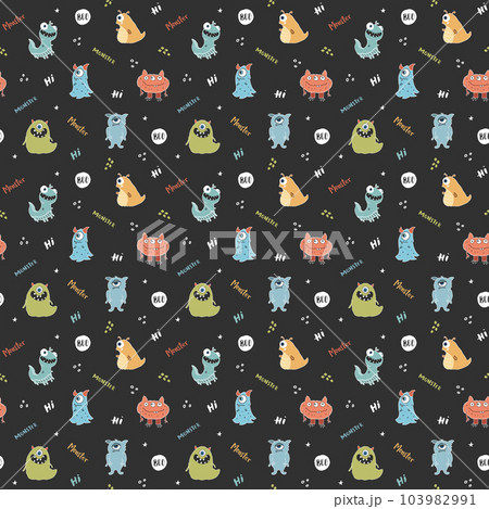 Cute monsters seamless pattern. Cartoon monsters background. Vector illustration 103982991