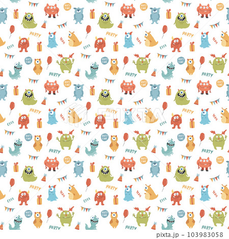 Cute monsters seamless pattern. Cartoon monsters background. Vector illustration Cute monsters seamless pattern. Cartoon monsters background. Vector illustration 103983058