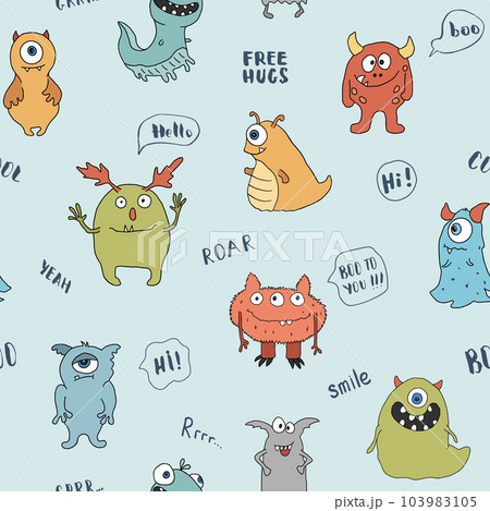 Cute monsters seamless pattern. Cartoon monsters background. Vector illustration Cute monsters seamless pattern. Cartoon monsters background. Vector illustration 103983105