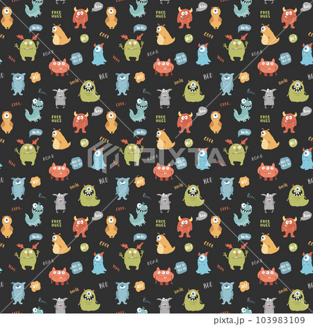 Cute monsters seamless pattern. Cartoon monsters background. Vector illustration 103983109