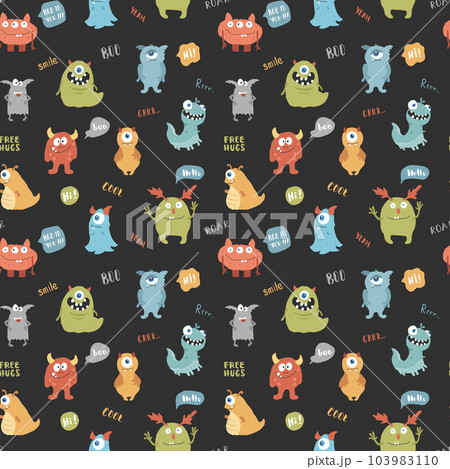 Cute monsters seamless pattern. Cartoon monsters background. Vector illustration Cute monsters seamless pattern. Cartoon monsters background. Vector illustration 103983110