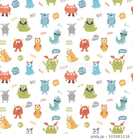 Cute monsters seamless pattern. Cartoon monsters background. Vector illustration 103983116