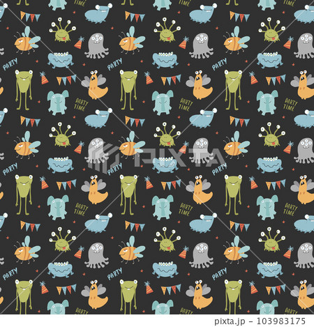 Cute monsters seamless pattern. Cartoon monsters background. Vector illustration 103983175