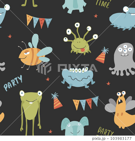 Cute monsters seamless pattern. Cartoon monsters background. Vector illustration 103983177