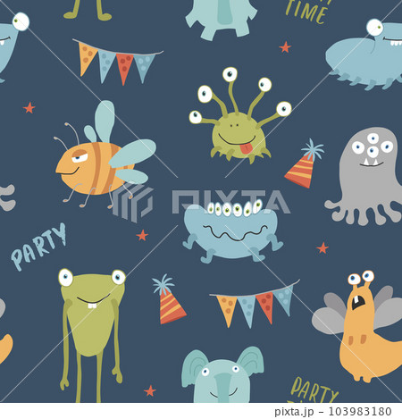 Cute monsters seamless pattern. Cartoon monsters background. Vector illustration 103983180
