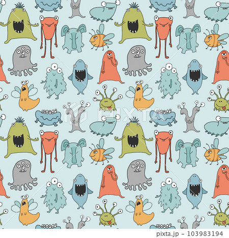 Cute monsters seamless pattern. Cartoon monsters background. Vector illustration 103983194