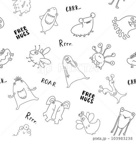 Cute monsters seamless pattern. Cartoon monsters background. Vector illustration 103983238