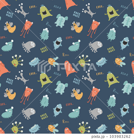Cute monsters seamless pattern. Cartoon monsters background. Vector illustration Cute monsters seamless pattern. Cartoon monsters background. Vector illustration 103983262