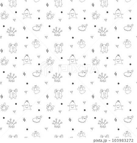 Cute monsters seamless pattern. Cartoon monsters background. Vector illustration 103983272