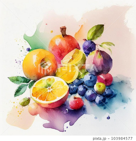 Assortment of colorful fresh fruits in watercolor style. Assortment of colorful fresh fruits in watercolor style. 103984577