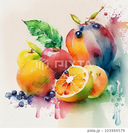 Assortment of colorful fresh fruits in watercolor style. Assortment of colorful fresh fruits in watercolor style. 103984579