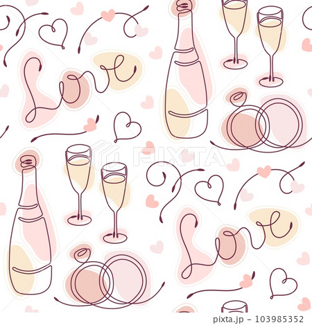 Seamless pattern with linear romantic symbols and abstract color shapes 103985352