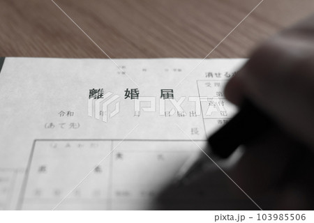 離婚届の書き方　ボールペンで書く男性　モノクロ 103985506