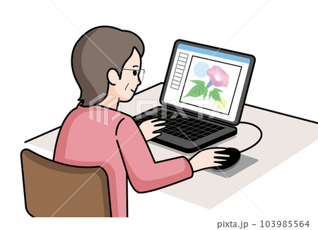 パソコンで花のイラストを描くシニアの女性 103985564