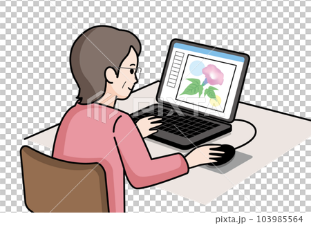 パソコンで花のイラストを描くシニアの女性 103985564