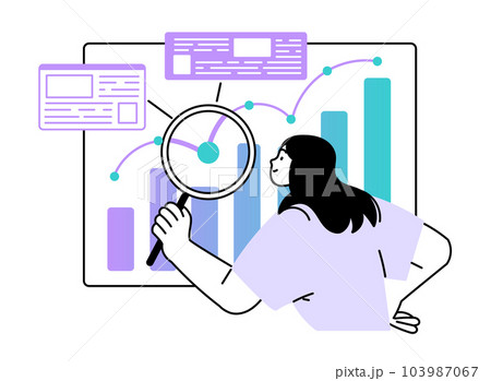 Woman with a magnifying glass examines the data Woman with a magnifying glass examines the data 103987067