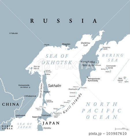 Sea of Okhotsk, gray political map. Marginal sea of the North Pacific Ocean located between the Kamchatka Peninsula, the Kuril Islands, Hokkaido, Sakhalin, and a stretch of the eastern Siberian coast. Sea of Okhotsk, gray political map. Marginal sea of the North Pacific Ocean located between the Kamchatka Peninsula, the Kuril Islands, Hokkaido, Sakhalin, and a stretch of the eastern Siberian coast. 103987610