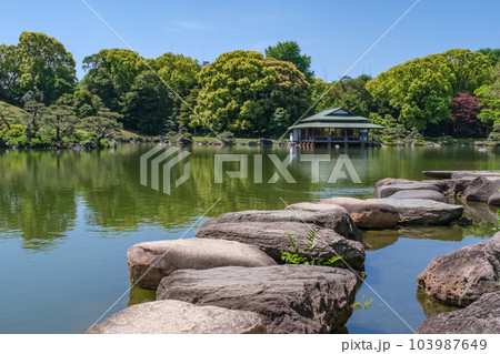 趣ある池畔の磯渡り　清澄庭園　東京都江東区 103987649